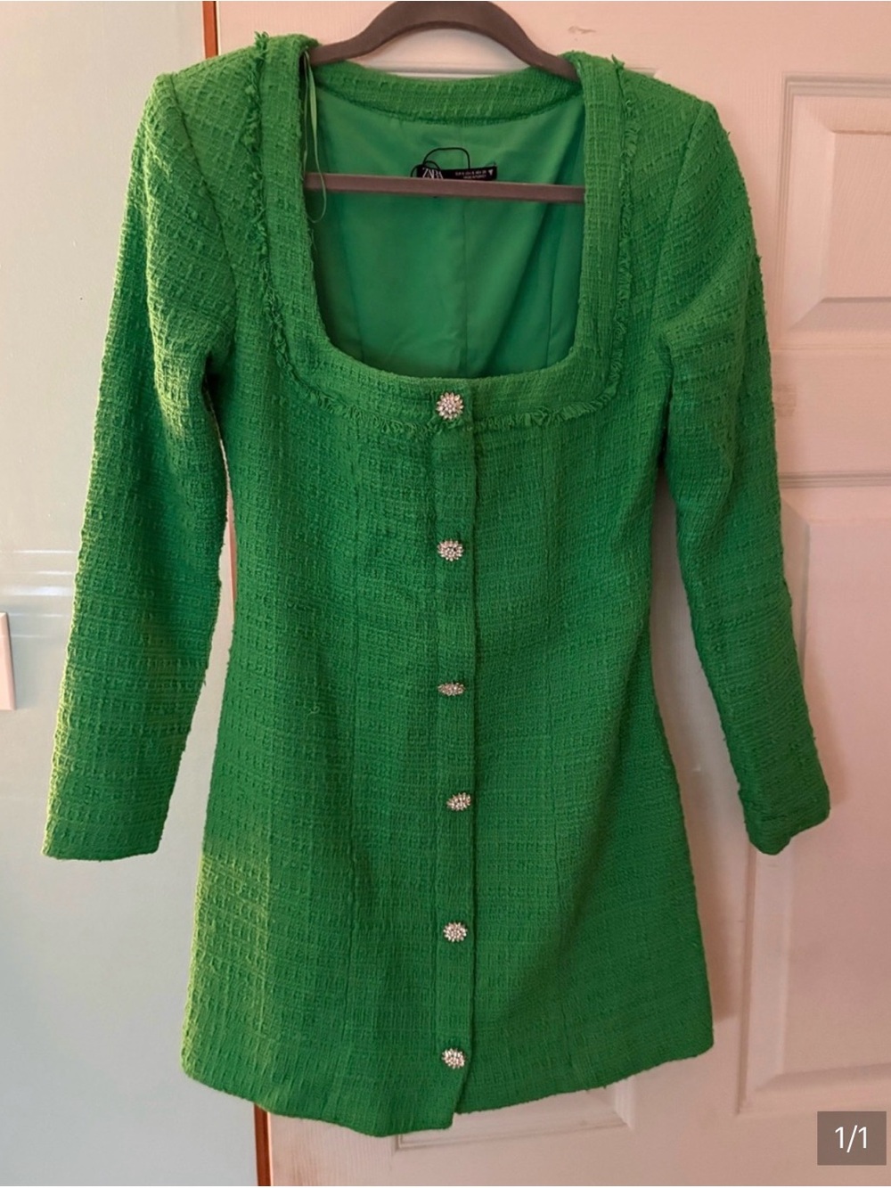 Zara Bright Green Tweed Long Sleeve Button-Front Dress